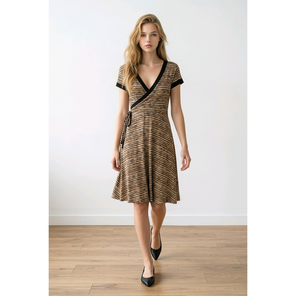 dBy Ltd. Striped Faux Wrap Dress Brown Whimsigoth V-Neck Women Size 14